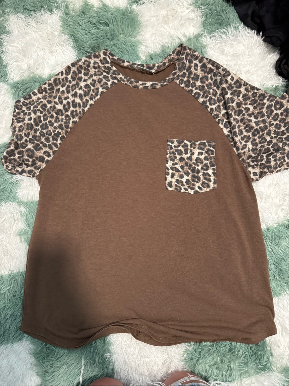 Zenana Outfitters Brown Tee with Leopard Raglan Sleeves